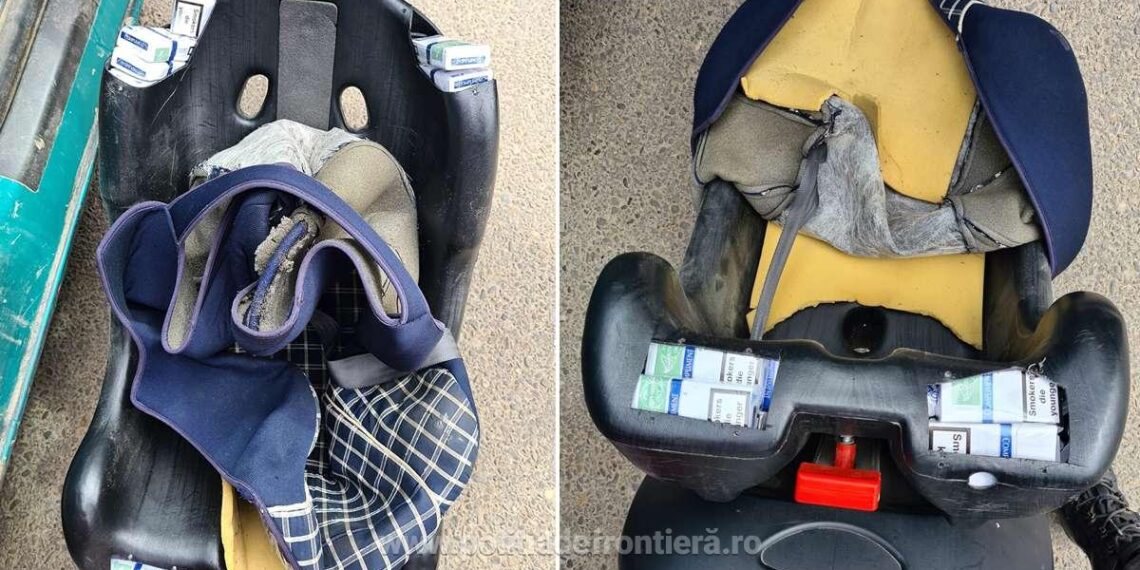 Șoferiță amendată cu 5.000 de lei pentru că transporta țigări de contrabandă ascunse prin mașină, inclusiv în scaunul auto pentru copil