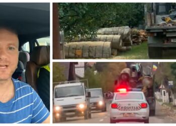 VIDEO Activistul de mediu Daniel Bodnar a tulburat apele între Mafia Lemnului și Secția de Poliție Arbore. Camionul care le-a livrat polițiștilor lemne fără acte a fost indisponibilizat și condus la OS Solca pentru inventariere