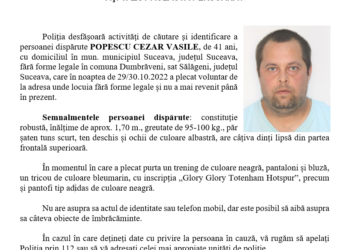 Polițiștii caută un bărbat dispărut din seara de 29 spre 30 septembrie