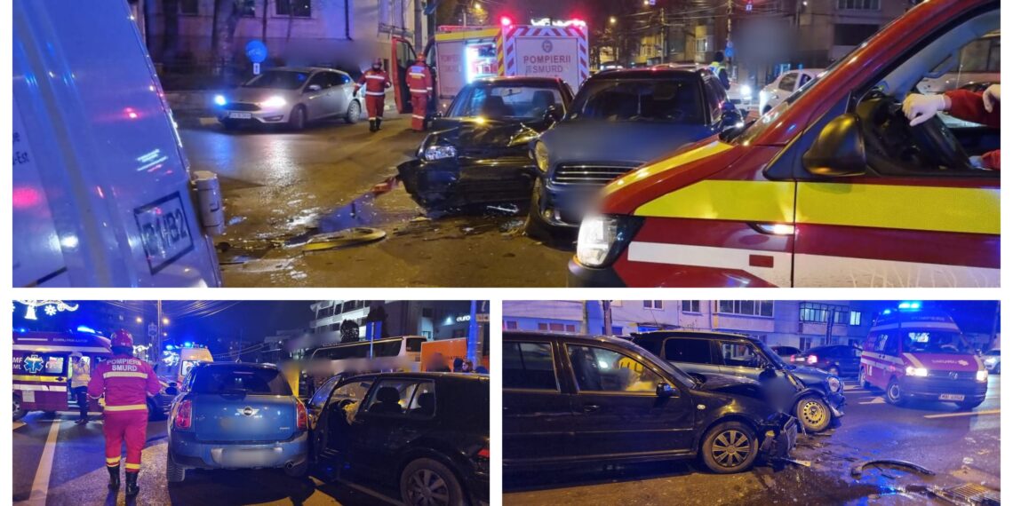 FOTO Accident rutier în fața hotelului Bucovina din Suceava. Două persoane au fost transportate la spital