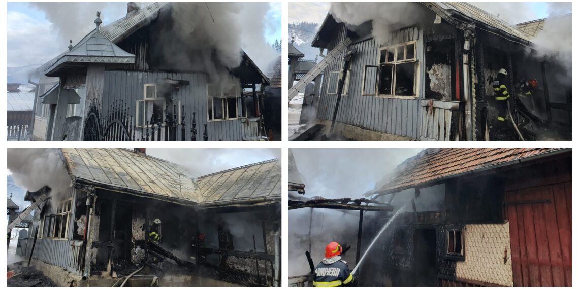 FOTO Gospodăria unei bătrâne de 85 de ani din zona Frasin a fost distrusă de un incendiu. Victima a ajuns la spital cu arsuri pe față și un traumatism la piciorul stâng