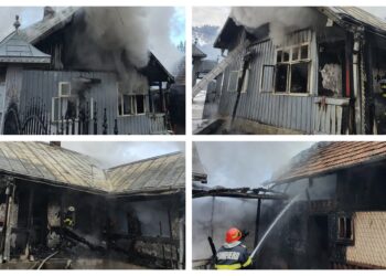 FOTO Gospodăria unei bătrâne de 85 de ani din zona Frasin a fost distrusă de un incendiu. Victima a ajuns la spital cu arsuri pe față și un traumatism la piciorul stâng