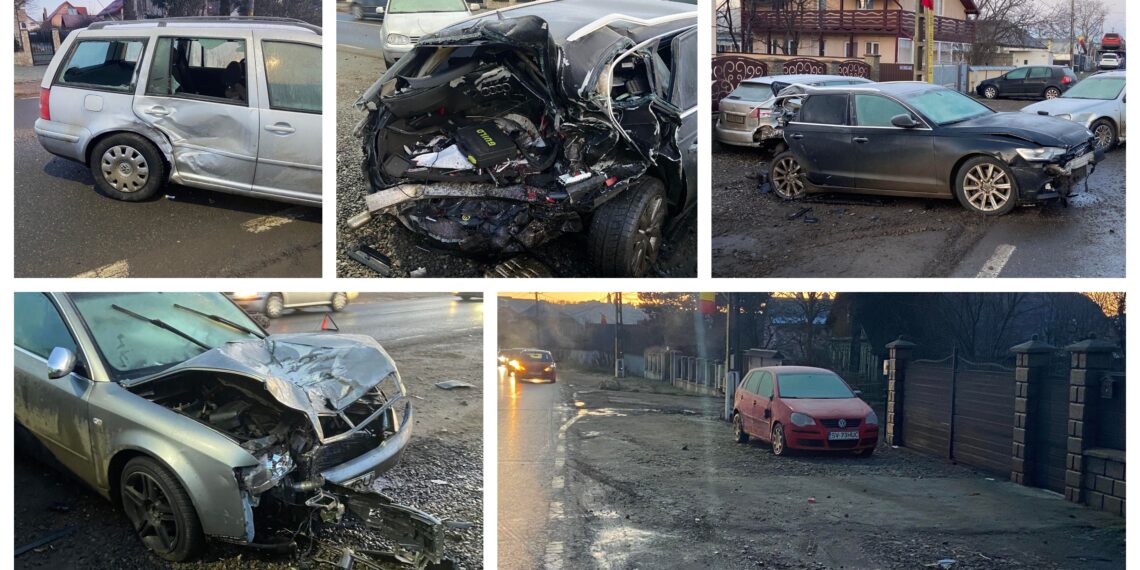 FOTO Un șofer mut de beat a făcut prăpăd pe o stradă din Șcheia. Patru mașini parcate pe marginea acostamentului drumului au fost acroșate