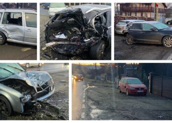 FOTO Un șofer mut de beat a făcut prăpăd pe o stradă din Șcheia. Patru mașini parcate pe marginea acostamentului drumului au fost acroșate