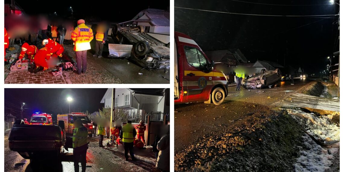FOTO Grav accident rutier pe raza localității Bosanci. Un autoturism a lovit un cap de pod și s-a răsturnat pe carosabil