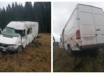 FOTO Autoutilitară ieșită în afara părții carosabile pe raza localității Poiana Stampei. Un bărbat a ajuns la spital