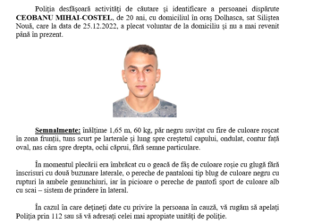 Polițiștii suceveni caută un tânăr de 20 de ani care a plecat de acasă în prima zi de Crăciun și nu s-a mai întors