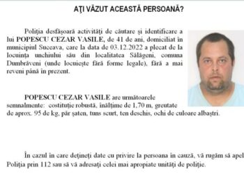 Bărbatul dat dispărut de Poliție este principalul suspect în cazul crimei din zona Aeroportului ”Ștefan cel Mare” Suceava. Individul a fost dat dispărut și în urmă cu câteva luni