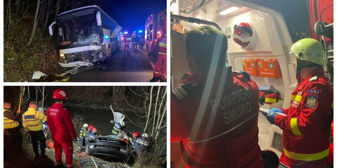 FOTO Sfârșit cumplit pentru trei suceveni, după ce mașina în care se aflau s-a izbit într-un autocar pe un drum din Bistrița Năsăud. O singură persoană a scăpat cu viață din autoturism