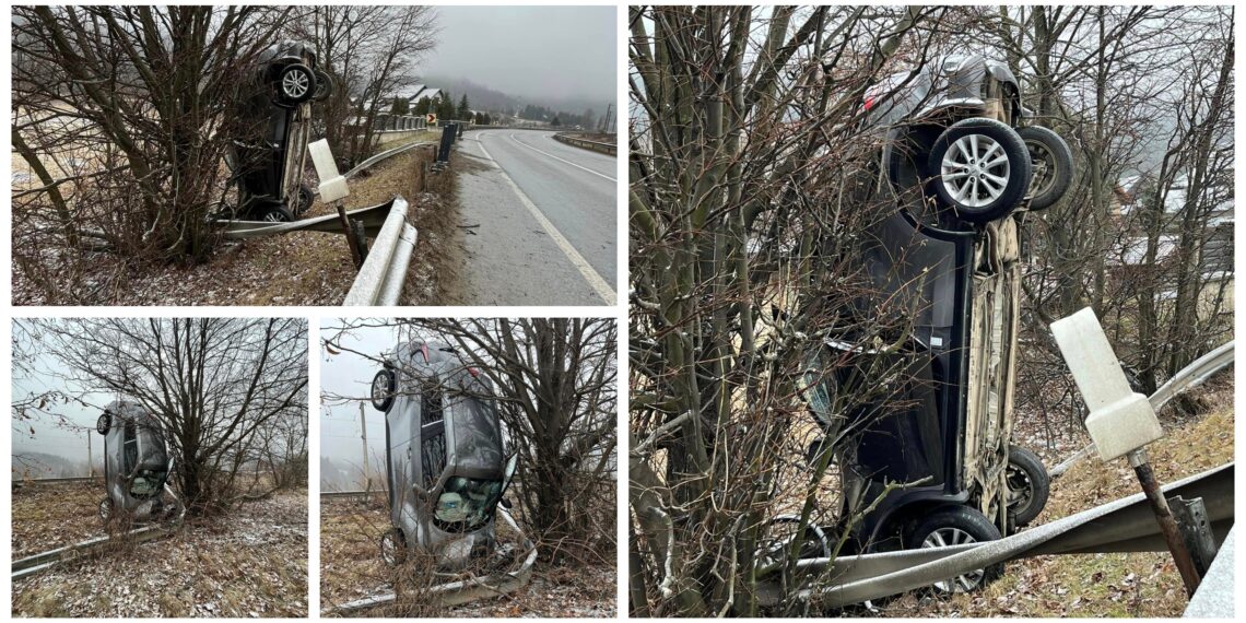 FOTO Parcare verticală, pe raza localității Frasin. Șoferul a pierdut controlul mașinii și a părăsit partea carosabilă