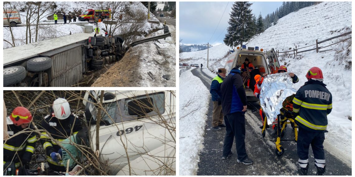 FOTO Șoferul camionului care s-a răsturnat într-un pârâu din Valea Putnei a fost internat la Secția de Chirurgie Toracică, din SJU Suceava