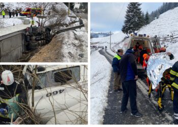 FOTO Șoferul camionului care s-a răsturnat într-un pârâu din Valea Putnei a fost internat la Secția de Chirurgie Toracică, din SJU Suceava