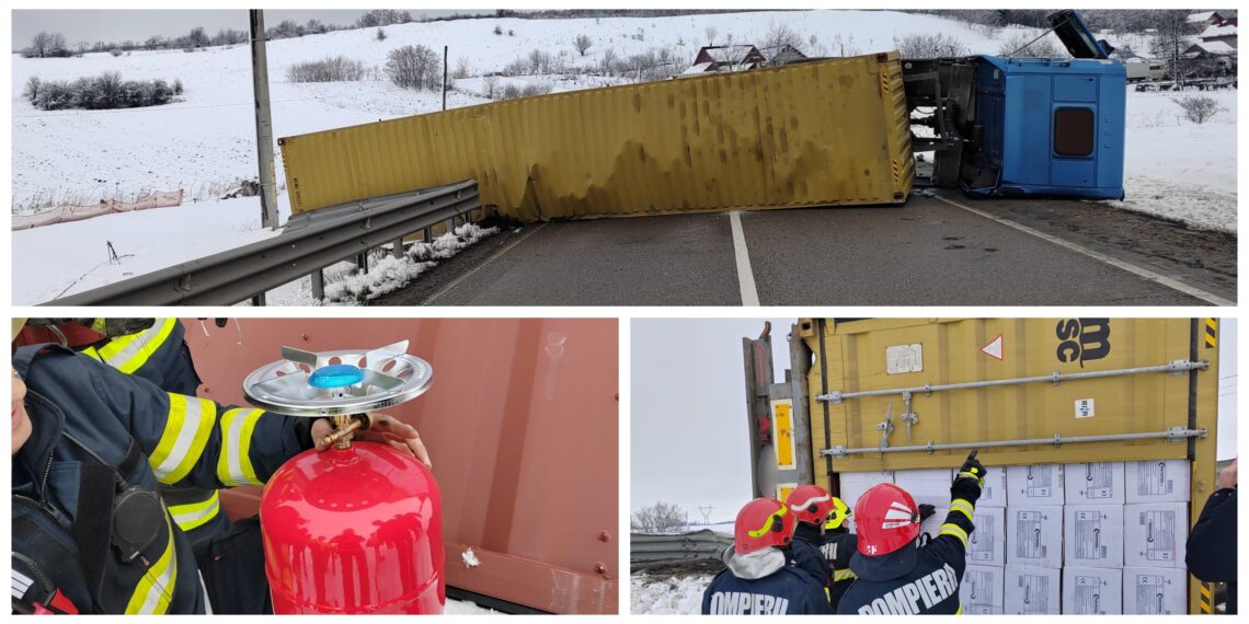 VIDEO Un camion încărcat cu butelii goale s-a răsturnat pe un drum de pe raza localității Vadu Moldovei
