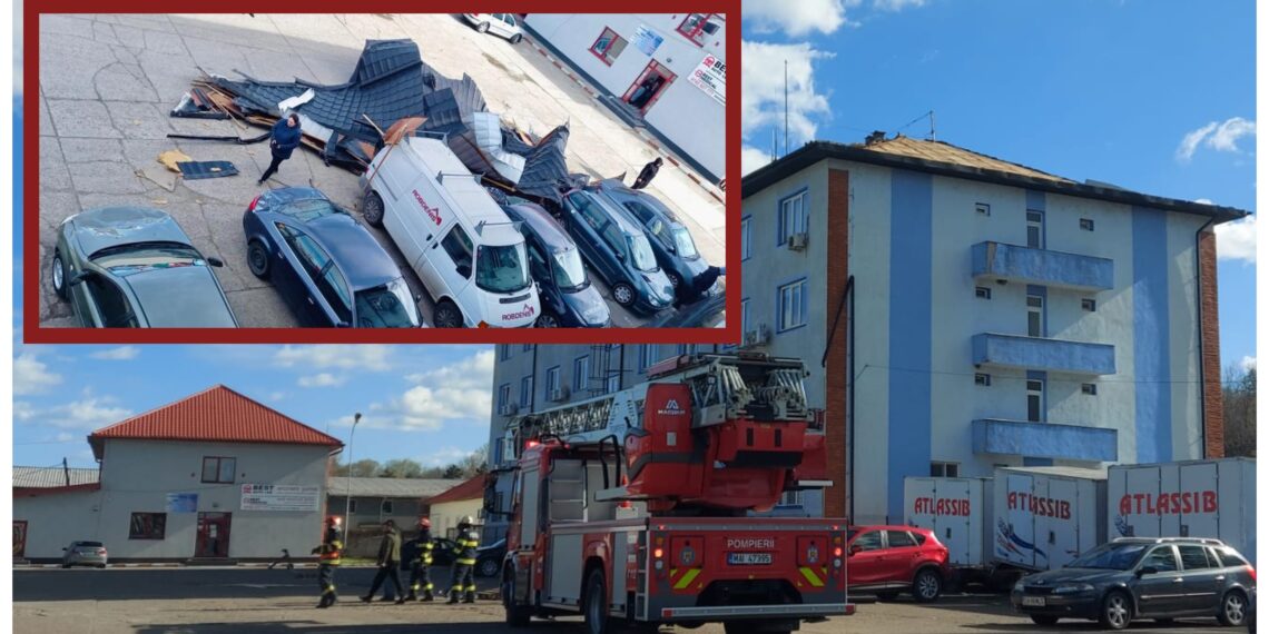 FOTO Vântul puternic a lăsat clădirea Inspectoratului de Jandarmi Județean Suceava fără circa 100 de metri pătrați de acoperiș. Opt mașini au fost avariate