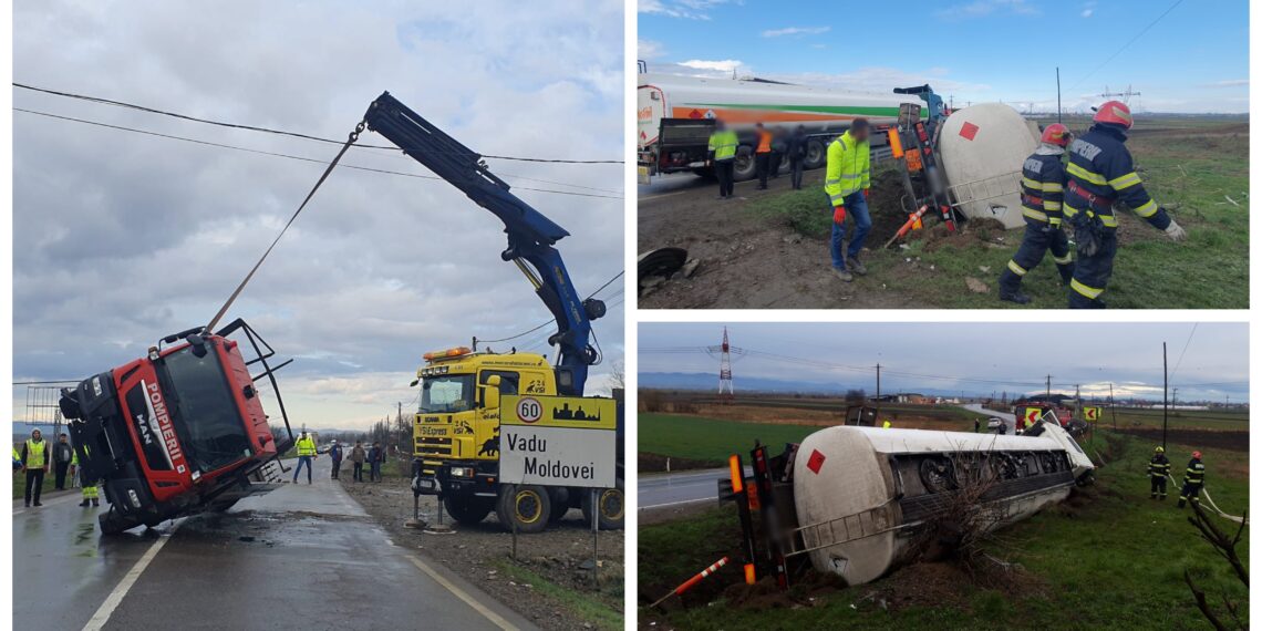 FOTO Două autocisterne răsturnate între localitățile Roșiori și Vadu Moldovei. Una dintre ele era încărcată cu motorină, iar cealaltă era o autospecială de stingere din cadrul ISU Suceava, încărcată cu apă