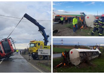FOTO Două autocisterne răsturnate între localitățile Roșiori și Vadu Moldovei. Una dintre ele era încărcată cu motorină, iar cealaltă era o autospecială de stingere din cadrul ISU Suceava, încărcată cu apă