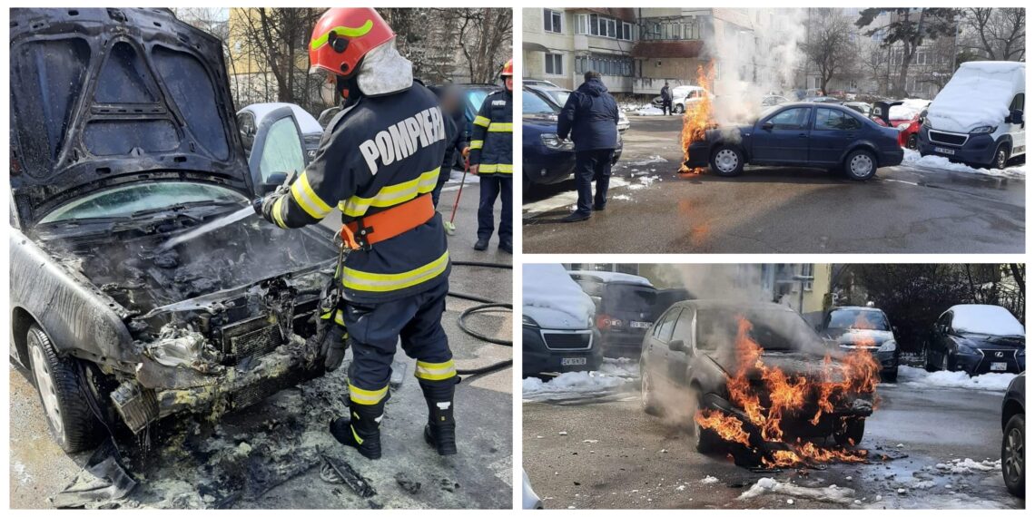 FOTO Incendiu la un autoturism în zona Trezorerie din municipiul Suceava