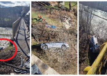 FOTO O femeie a fost transportată la spital, după ce mașina în care se afla zburat de pe un pod de pe raza localității Molid. Autoturismul s-a oprit pe unul dintre malurile râului Moldova