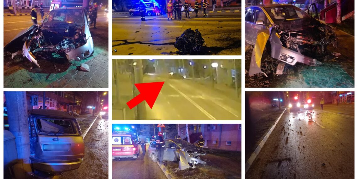 VIDEO cu momentul în care o șoferiță de 21 de ani, beată turtă, s-a izbit cu mașina în doi stâlpi din centrul Sucevei, la ora 3
