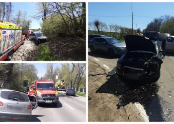FOTO Accident rutier în apropierea Cetății de Scaun a Sucevei. O tânără de 26 de ani a fost transportată la spital, împreună cu cei doi copii de doi, respectiv cinci ani