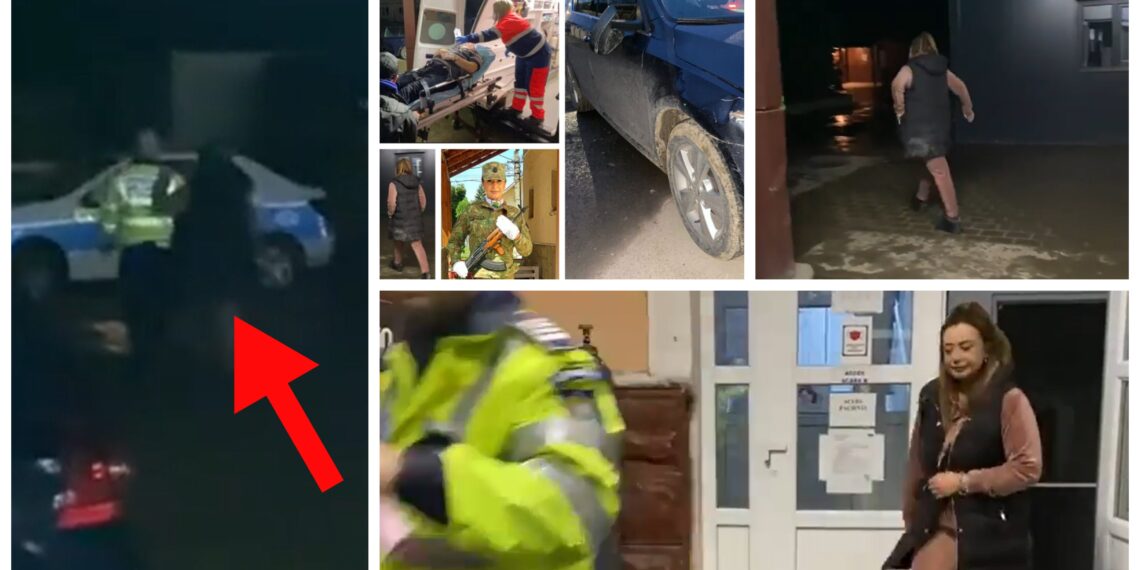 VIDEO cu momentul în care femeia-militar din Vatra Dornei iese pe șapte cărări din spital și încearcă să-și mențină echilibrul ținându-se de un polițist. Femeia a fost găsit moțăind cu capul pe volan, având 1,72 mg/l alcool pur în aerul expirat, după ce a lovit cu mașina un bărbat