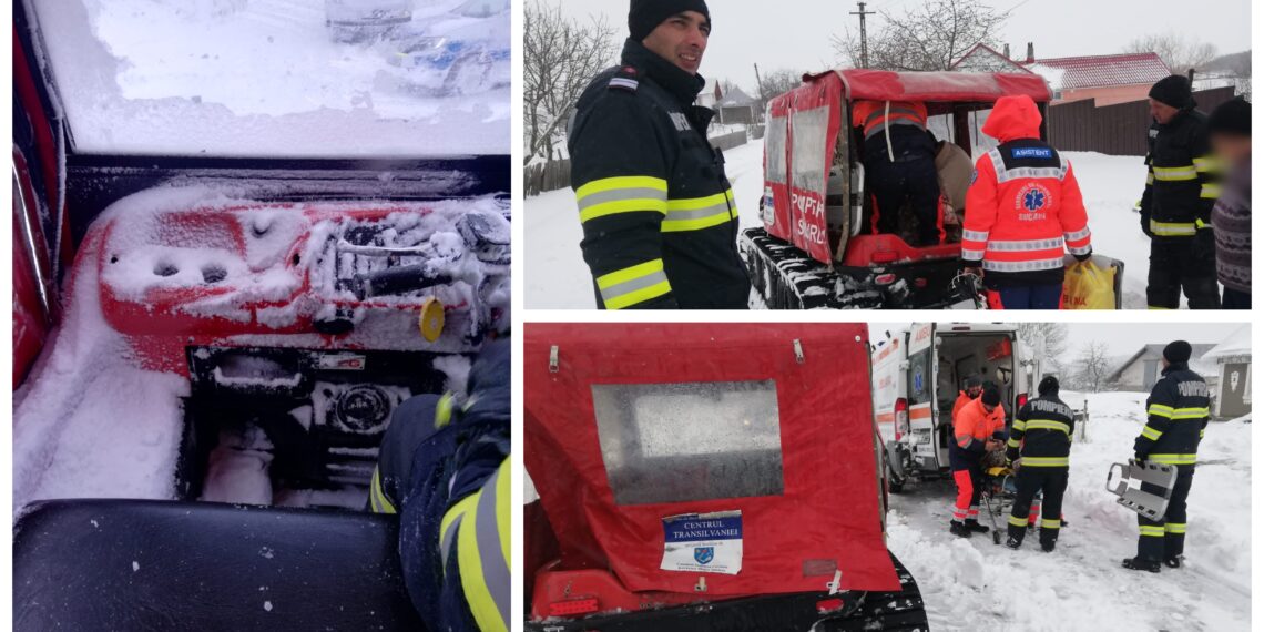 FOTO Pompierii militari au intervenit cu o autoșenilată pentru a-l prelua pe un bărbat care a suferit un AVC într-un sat din Grămești