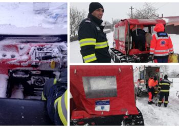 FOTO Pompierii militari au intervenit cu o autoșenilată pentru a-l prelua pe un bărbat care a suferit un AVC într-un sat din Grămești