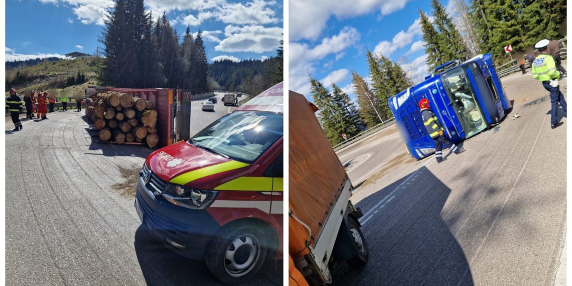 FOTO Un camion încărcat cu material lemnos s-a răsturnat în zona Pasului Mestecăniș