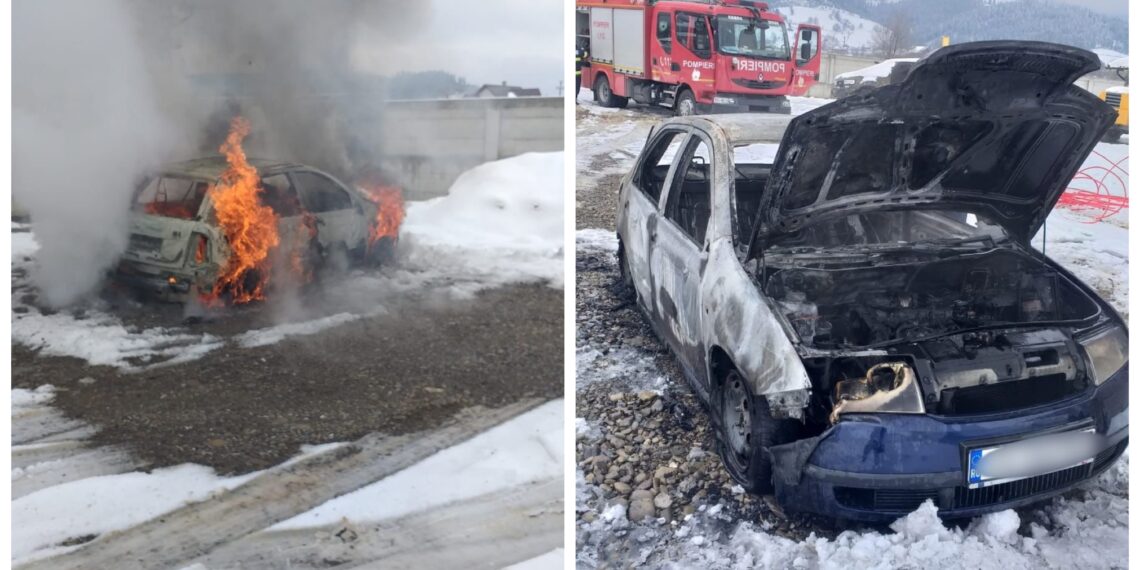 FOTO Autoturism cuprins de flăcări, în localitatea Straja
