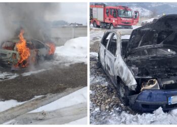 FOTO Autoturism cuprins de flăcări, în localitatea Straja