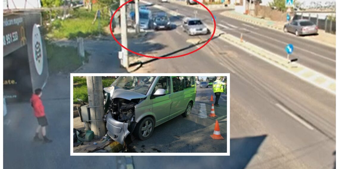 VIDEO cu momentul în care un autoturism trece pe culoarea roșie a unui semafor din Burdujeni, încearcă să facă slalom printre mașini, dar se oprește într-un stâlp. O femeie și patru copiii au ajuns la spital