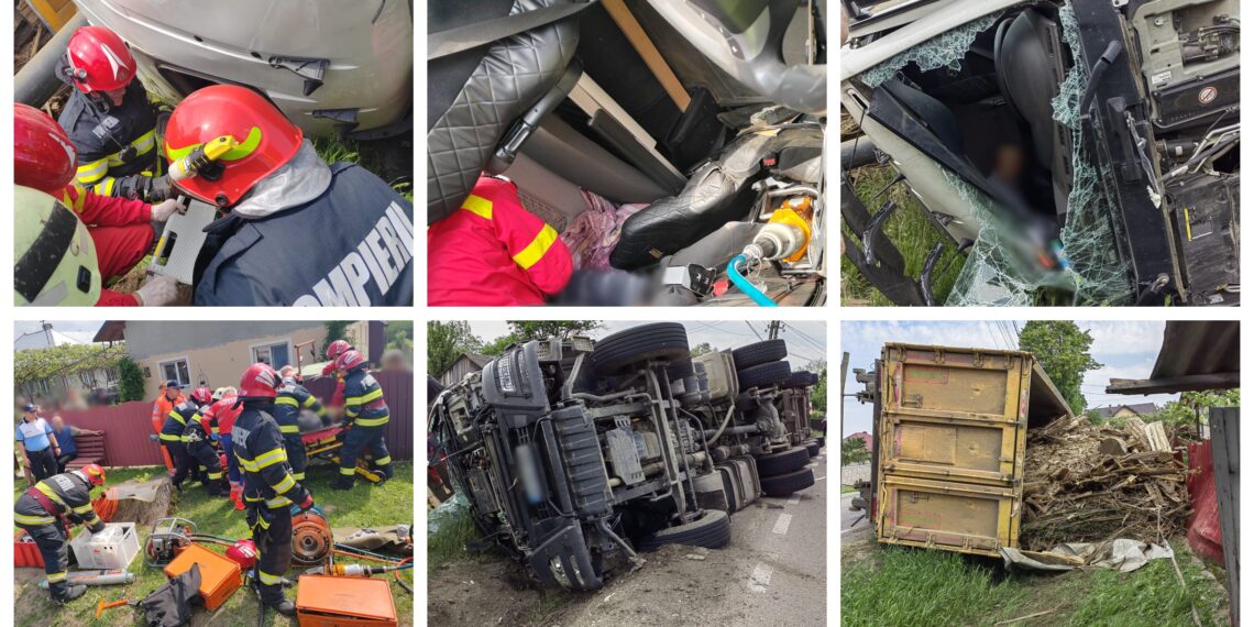 FOTO Un camion încărcat cu deșeuri lemnoase s-a răsturnat pe raza localității Boroaia. Șoferul a fost transportat la spital