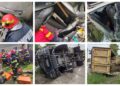 FOTO Un camion încărcat cu deșeuri lemnoase s-a răsturnat pe raza localității Boroaia. Șoferul a fost transportat la spital