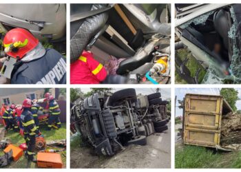 FOTO Un camion încărcat cu deșeuri lemnoase s-a răsturnat pe raza localității Boroaia. Șoferul a fost transportat la spital