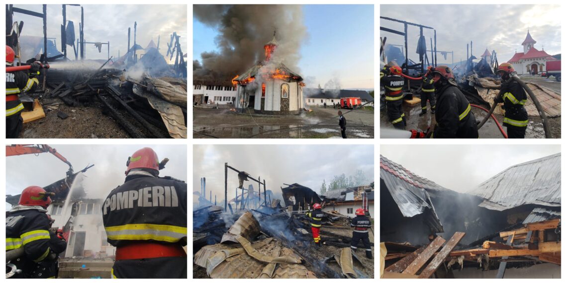 VIDEO Incendiu de proporții la Mănăstirea Podu Coșnei. Au ars biserica și corpul de chilii