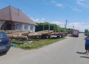 FOTO O casă din Bogdănești a fost distrusă de mai mulți bușteni căzuți dintr-un camion ce s-a răsturnat