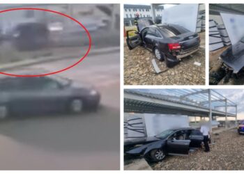 VIDEO cu momentul în care un tânăr de 18 ani iese cu mașina de pe drum și se izbește puternic într-o temelie de beton
