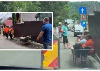 VIDEO Viceprimarul Lucian Harșovschi le-a perturbat relaxarea muncitorilor de pe strada Grădinii, cu o vizită neanunțată. Aceștia stăteau cu fundul pe noile borduri: ”Ia uitați-vă ce se muncește. Ne oprim și să vezi cum îi ia hărnicia pe toți”