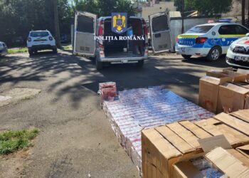 VIDEO Polițiștii identificat o dubă burdușită cu aproape 40.000 de pachete de țigări de contrabandă, pe raza comunei Marginea. Vehiculul a fost confiscat