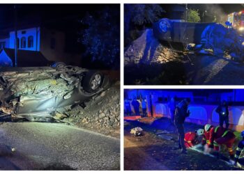 FOTO Accident rutier grav în Vicovu de Sus, la miezul nopți. Șoferul a fost găsit în stare de inconștiență, pe carosabil, iar mașina răsturnată pe cupolă, începând să ardă