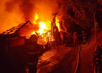 FOTO Incendiu de proporții la o gospodărie din Câmpulung Moldovenesc. Un adăpost de animale, un depozit de furaje și mai multe magazii de lemn s-au făcut scrum