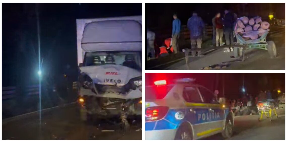 VIDEO Accident rutier între o căruță încărcată cu material lemnos și o autoutilitară, pe raza comunei Adâncata. Căruța era condusă de un minor de 17 ani