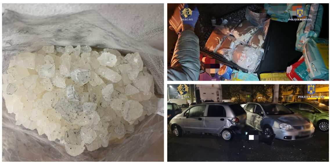 FOTO Doi indivizi care au introdus șase kilograme de cristal în România, au ajuns pe mâinile procurorilor DIICOT, după ce au fost implicați într-un accident rutier. Aceștia supravegheau autoutilitara care le aducea coletul din Olanda, având asupra lor peste 15.000 de euro și șase telefoane