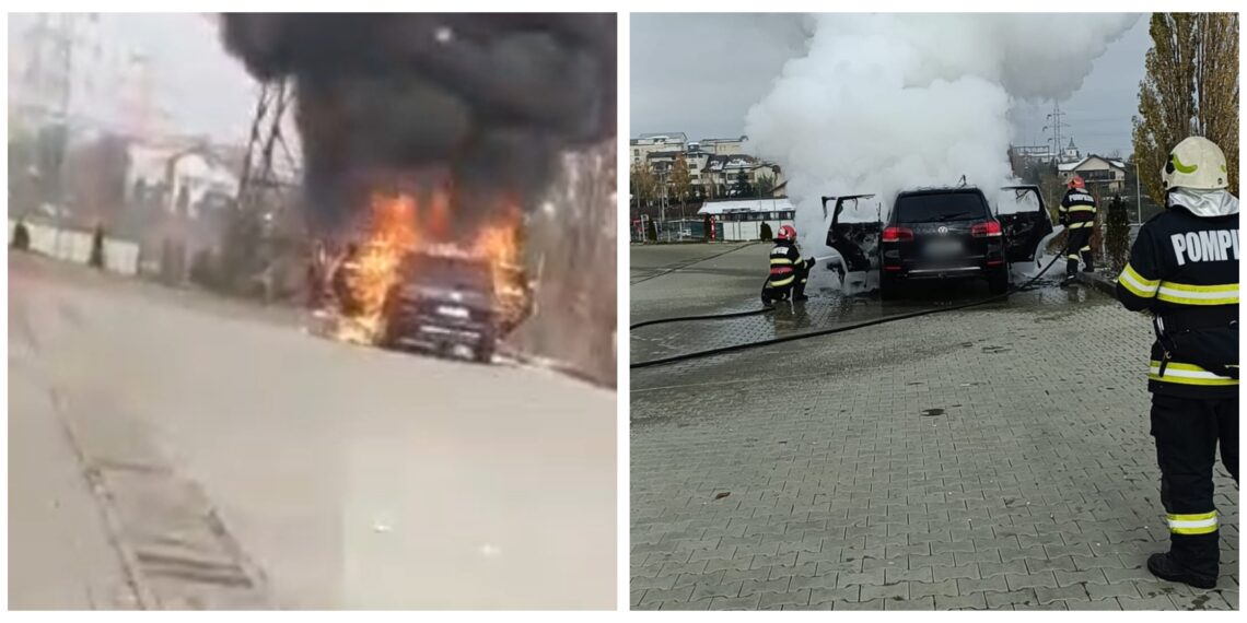 VIDEO Incendiu izbucnit la un Volkswagen Touareg, în parcarea unui magazin din Fălticeni. Autoturismul a ars aproape în totalitate