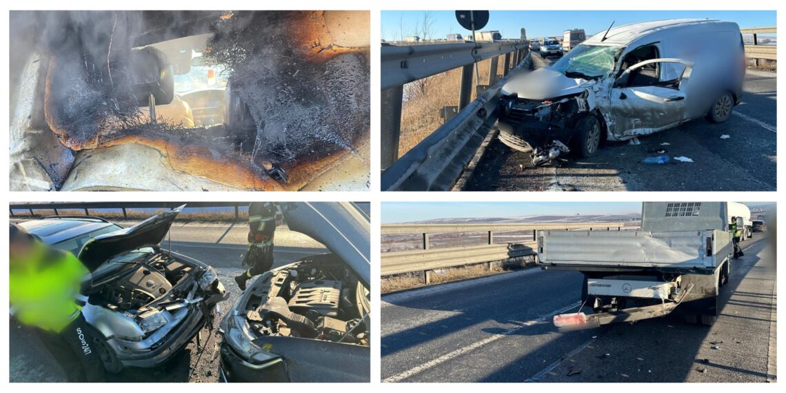 VIDEO Două accidente rutiere s-au produs pe șoseaua de centură a Sucevei în doar câteva minute, după ce un autoturism a luat foc. Două persoane au ajuns la spital