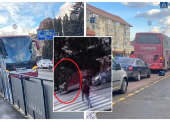 VIDEO Pieton lovit de un autocar cu inscripția ”Tarsin”, pe o trecere de pietoni din Gura Humorului