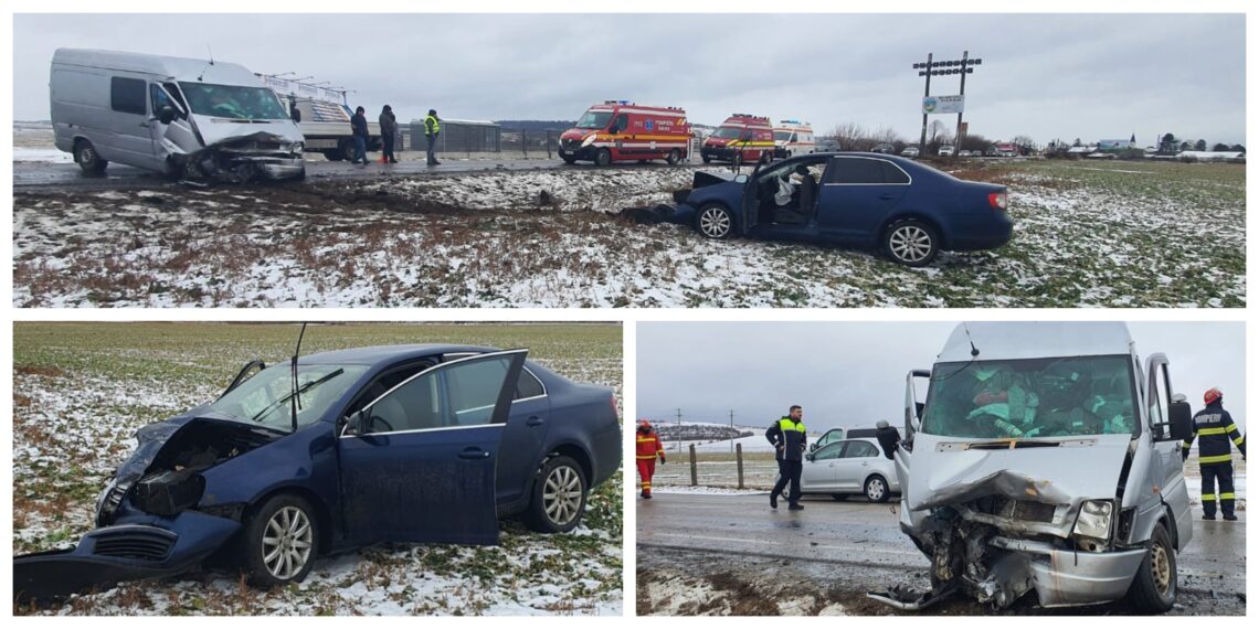 FOTO Accident rutier la ieșire din Suceava spre Pătrăuți. Două persoane au ajuns la spital, după ce un autoturism și o autoutilitară au intrat în coliziune