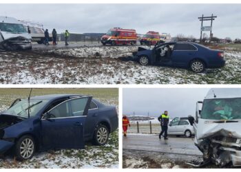 FOTO Accident rutier la ieșire din Suceava spre Pătrăuți. Două persoane au ajuns la spital, după ce un autoturism și o autoutilitară au intrat în coliziune