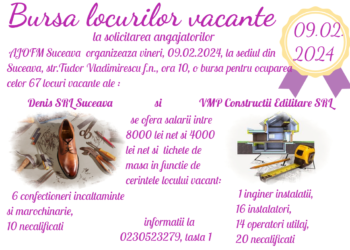 AJOFM Suceava organizează ”Bursa locurilor vacante la solicitarea angajatorilor” pentru ocuparea a 67 de locuri de muncă, puse la dispoziție de către o firmă de confecții încălțăminte și una de construcții: ”Intervalul de salarizare este între 4.000 lei net și 8.000 lei net”