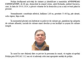 Un bărbat din satul Rotunda, orașul Liteni, a fost dat dispărut, după ce a plecat de acasă și nu s-a mai întors